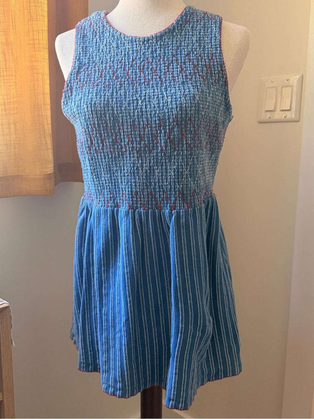 Blue Textured Sleeveless Smocked Top